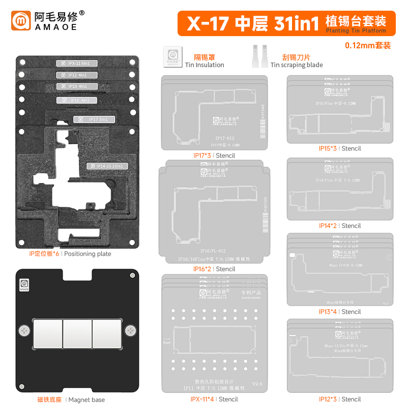 Amaoe iPhone Stencils Full 28 IN 1 l Fixture X 11 12 13 14 15 16 17 Pro