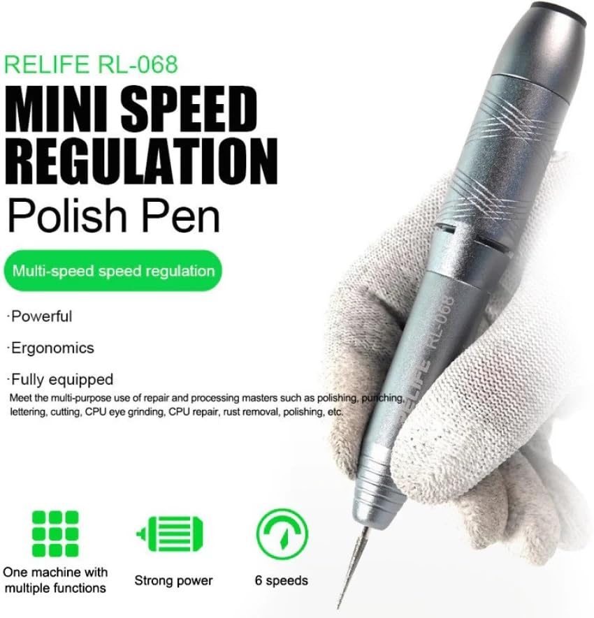 RELIFE RL-068 6-speed Power Adjustment Mini Polishing Pen for CPU and Motherboard Repair Screen Polishing with 8 Grinding Heads