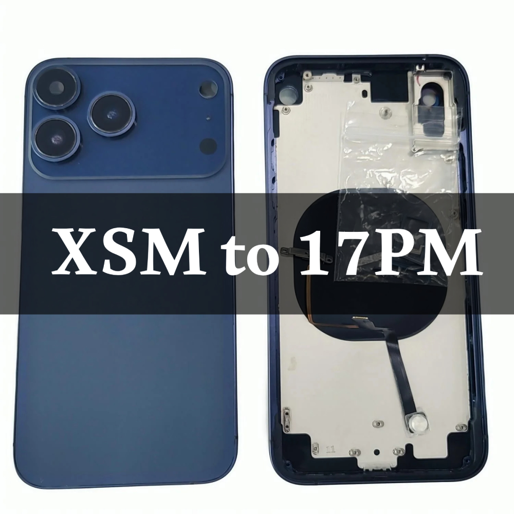 مكياج عظم تحويل ايفون اكس ماكس الى ايفون 17 برو ماكس لون ازرق مع سيليكون شفاف