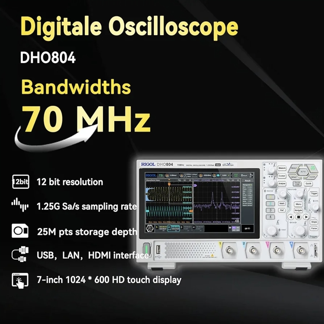 RIGOL Digital Oscilloscope DHO804 70MHz 4 Channel 12 Bit 1.25GSa/Sec 25MPts Depth Convenient 1,000,000 Wfms/s Phone Repair Tools