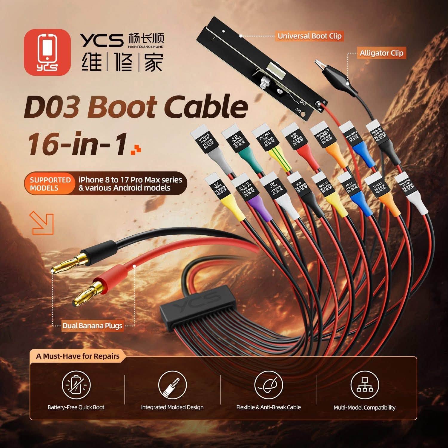 YCS-D03 Mobile Phone Repair Power Cord, Including Android and Apple Starter Battery Clips, Compatible with Multiple Models.